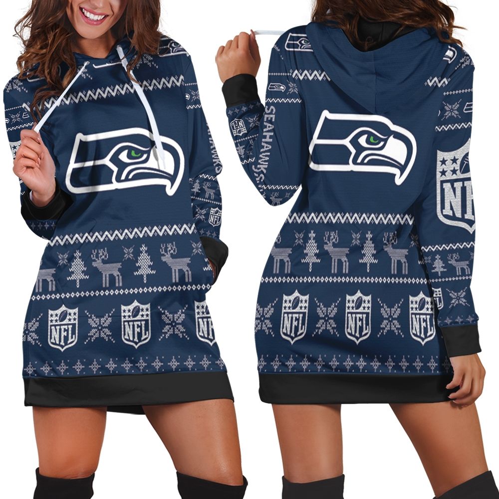 Seattle Seahawks Ugly Sweatshirt Christmas 3d Back Sleeveless Hoodie Dress