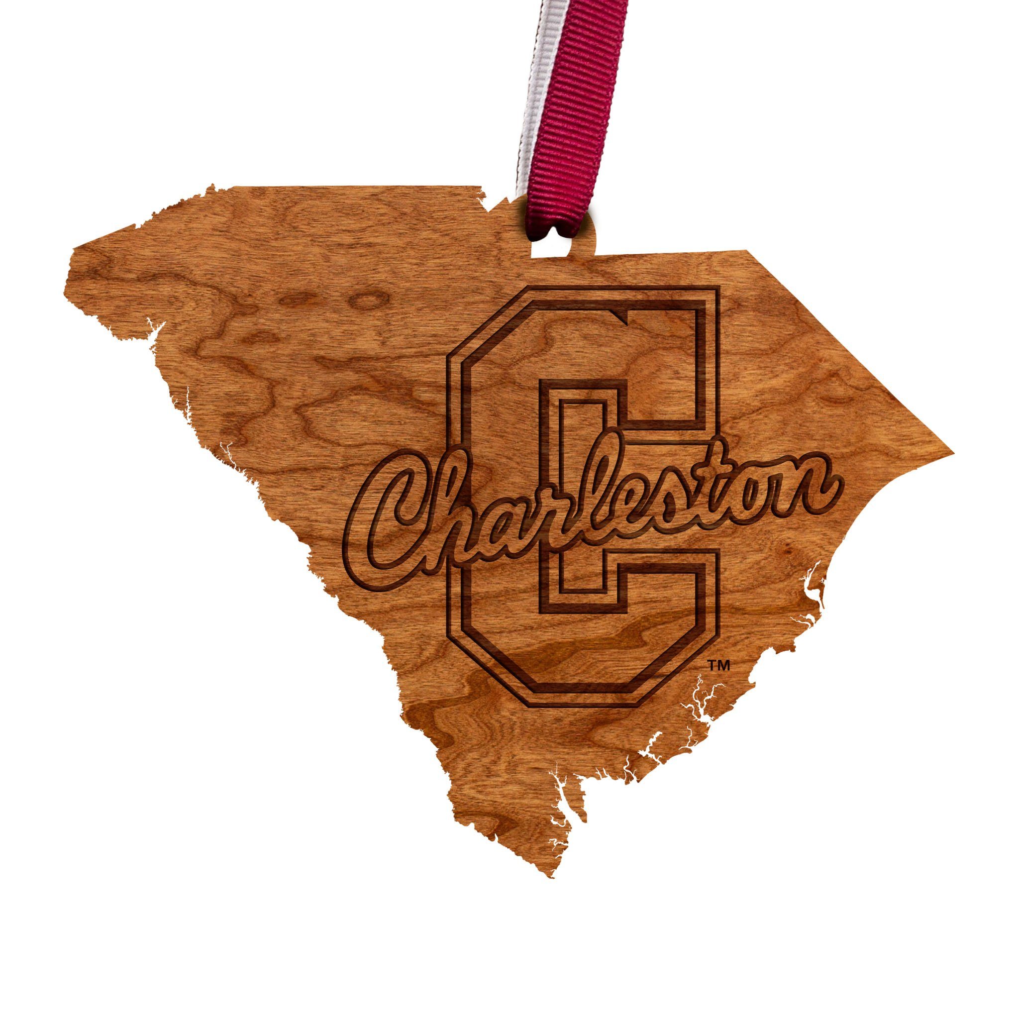 College Of Charleston – Christmas Tree Ornaments – State Map With Block C – Maroon And White Ribbon