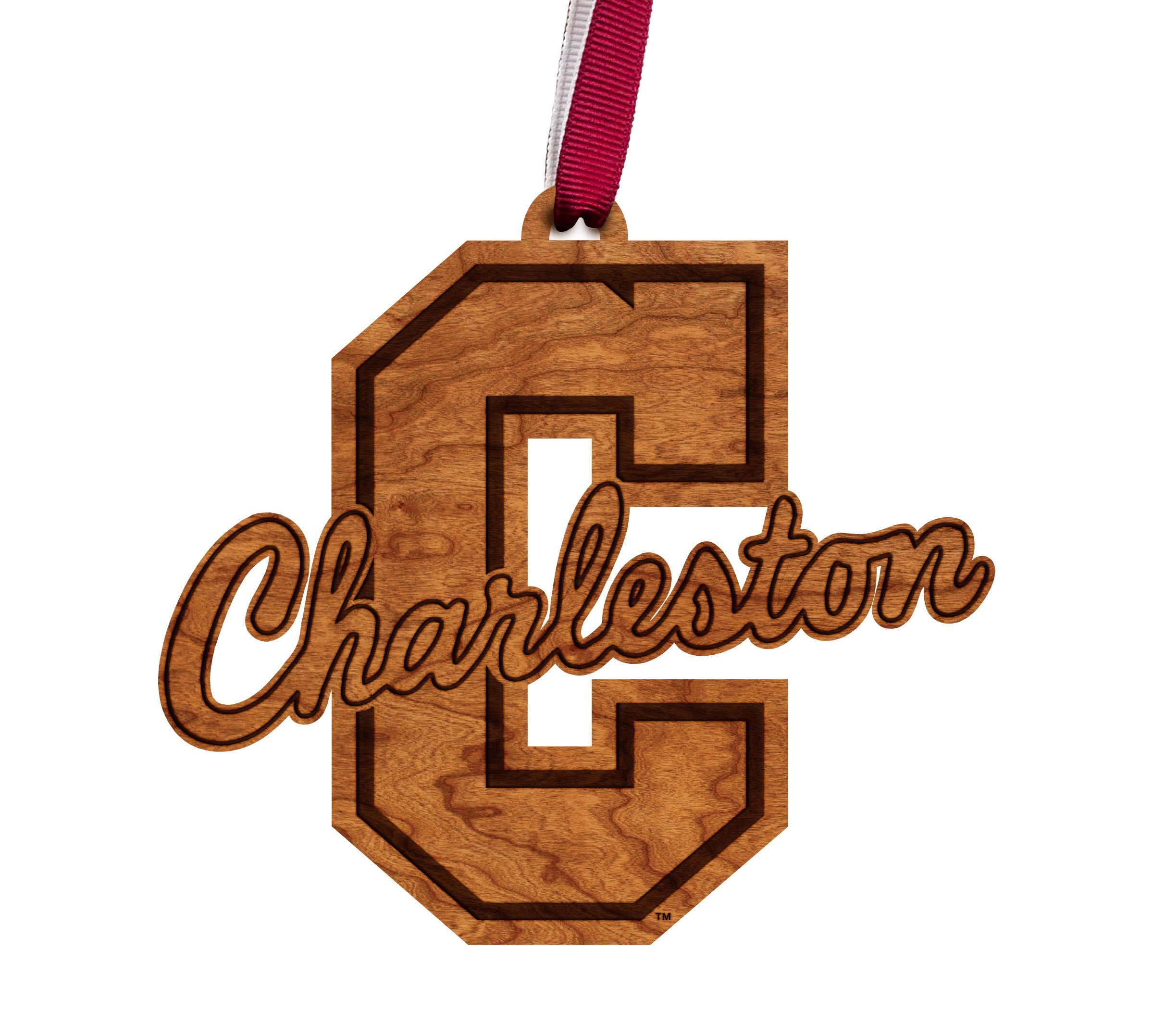 College Of Charleston – Christmas Tree Ornaments – Logo Cutout Of Block C – Maroon And White Ribbon