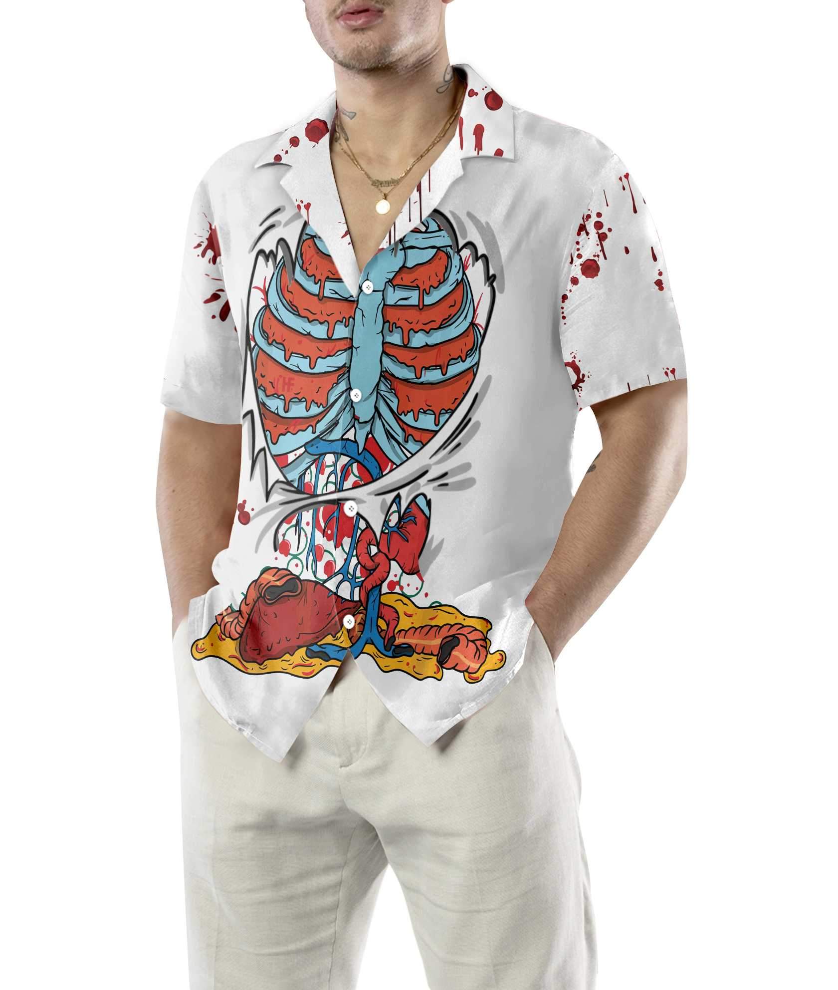 Creepy Ripped Open Rib Cage Organs Hawaiian Shirt - Trendy Aloha