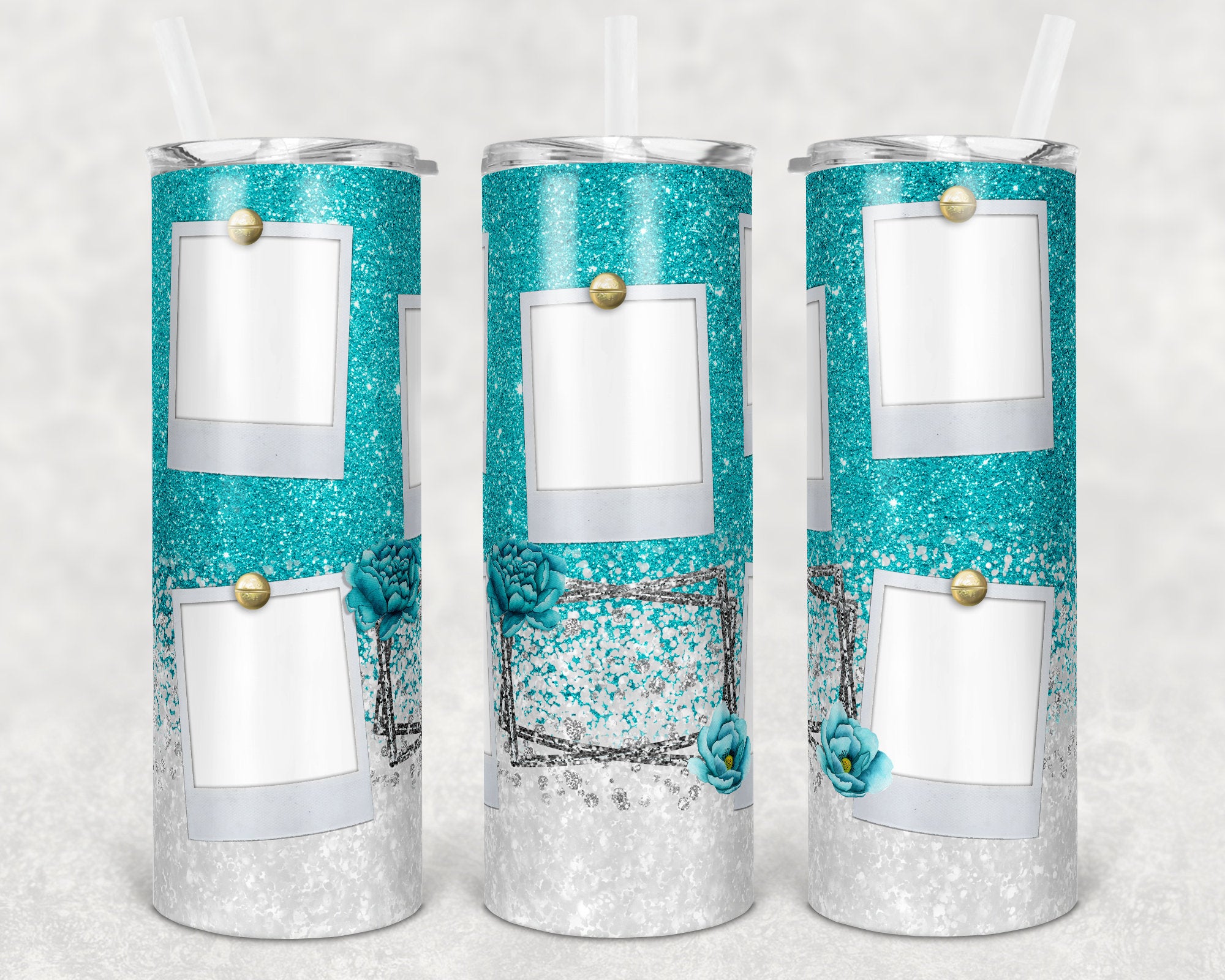 20 Oz Skinny Tumbler Blessed Teal White Glitter 5 Photo Picture Personalized Design 0wpm1