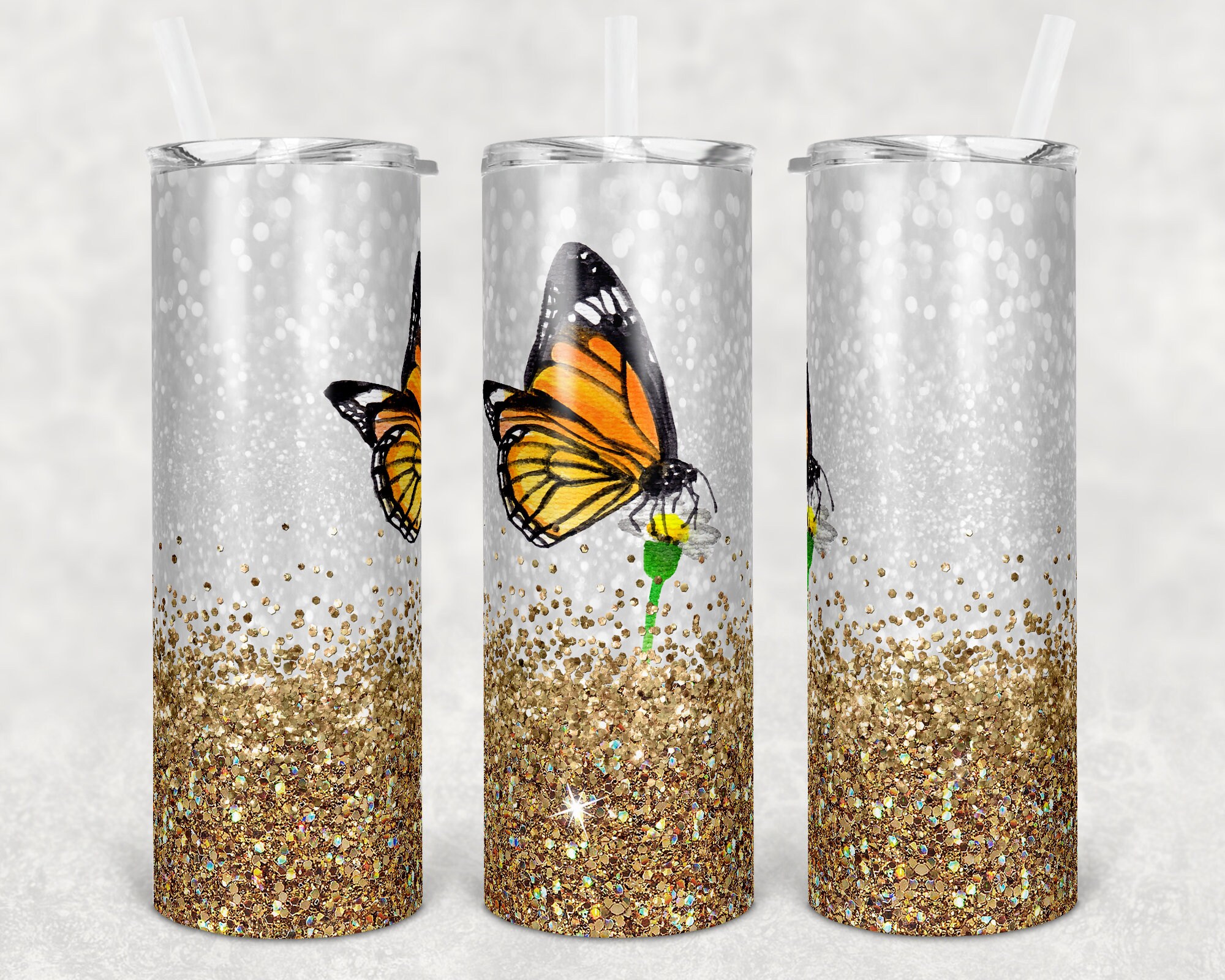 Tumbler with Lid and Straw Butterfly with Gold Glitter Skinny 20 oz