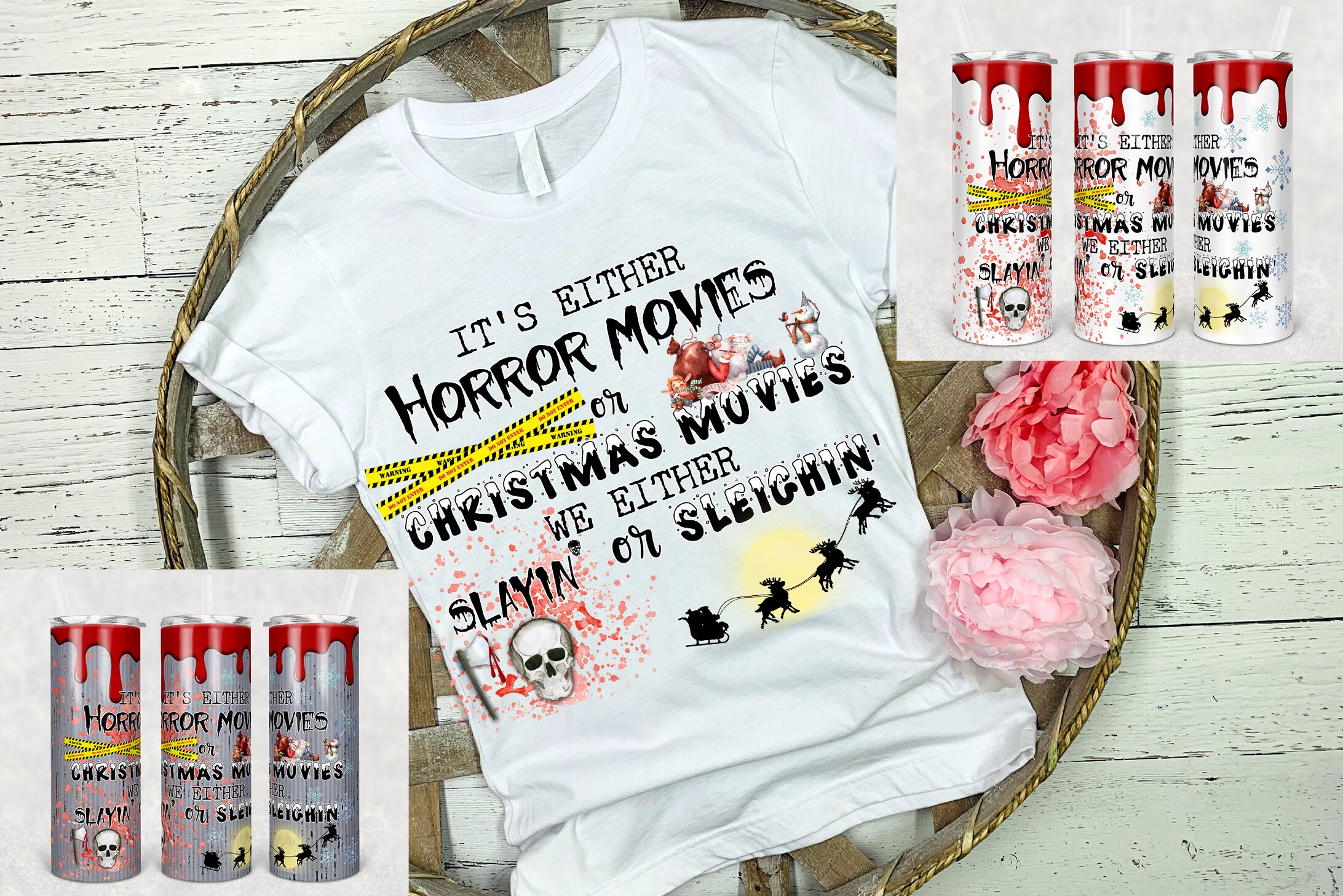 20 Oz Skinny Tumbler Horror Movies And Christmas Movies Shirt And Tumbler