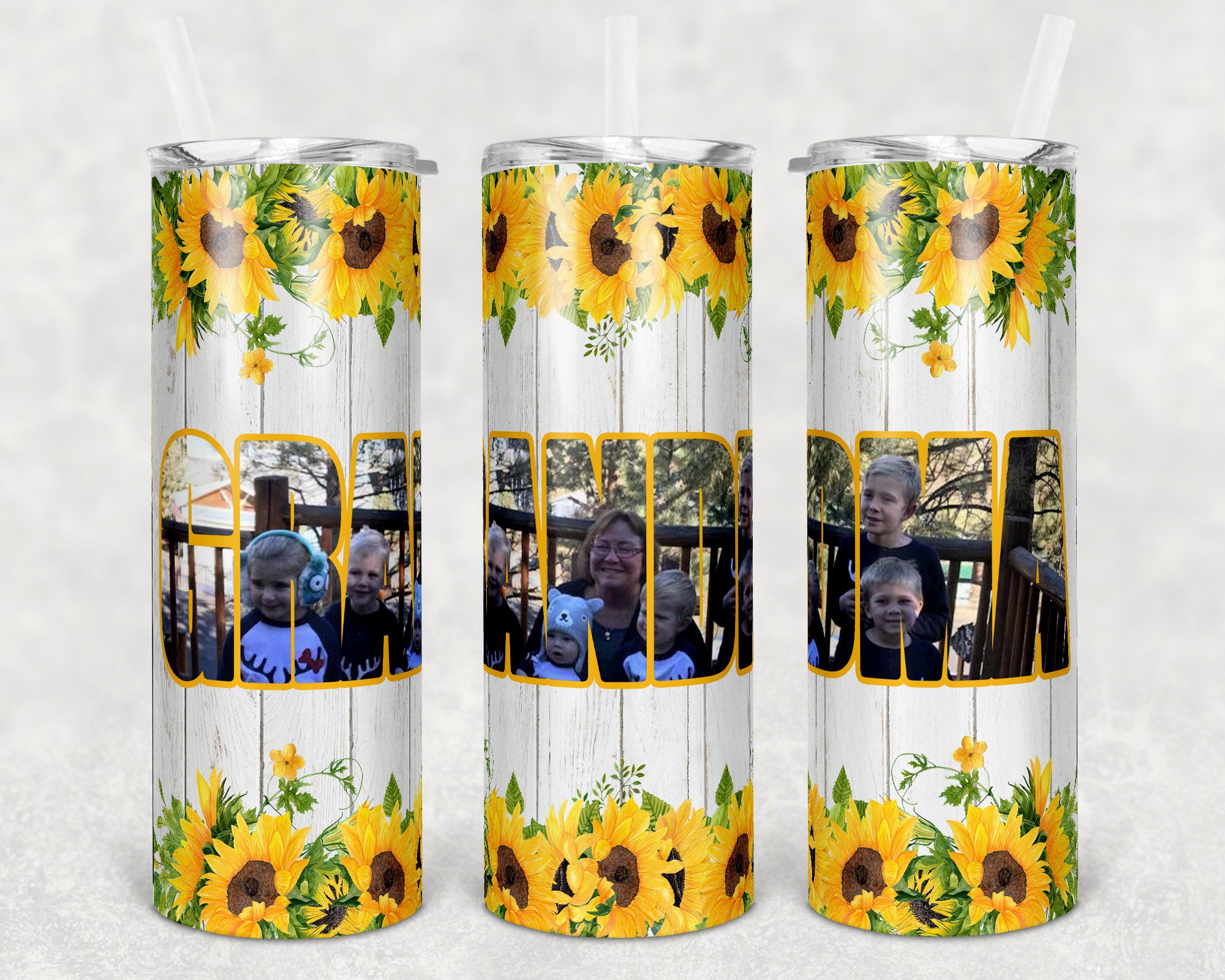 20 Oz Skinny Tumbler Picture Frame Rustic Wood Sunflower Grandma Photo Space Personalized Design Mothers Day