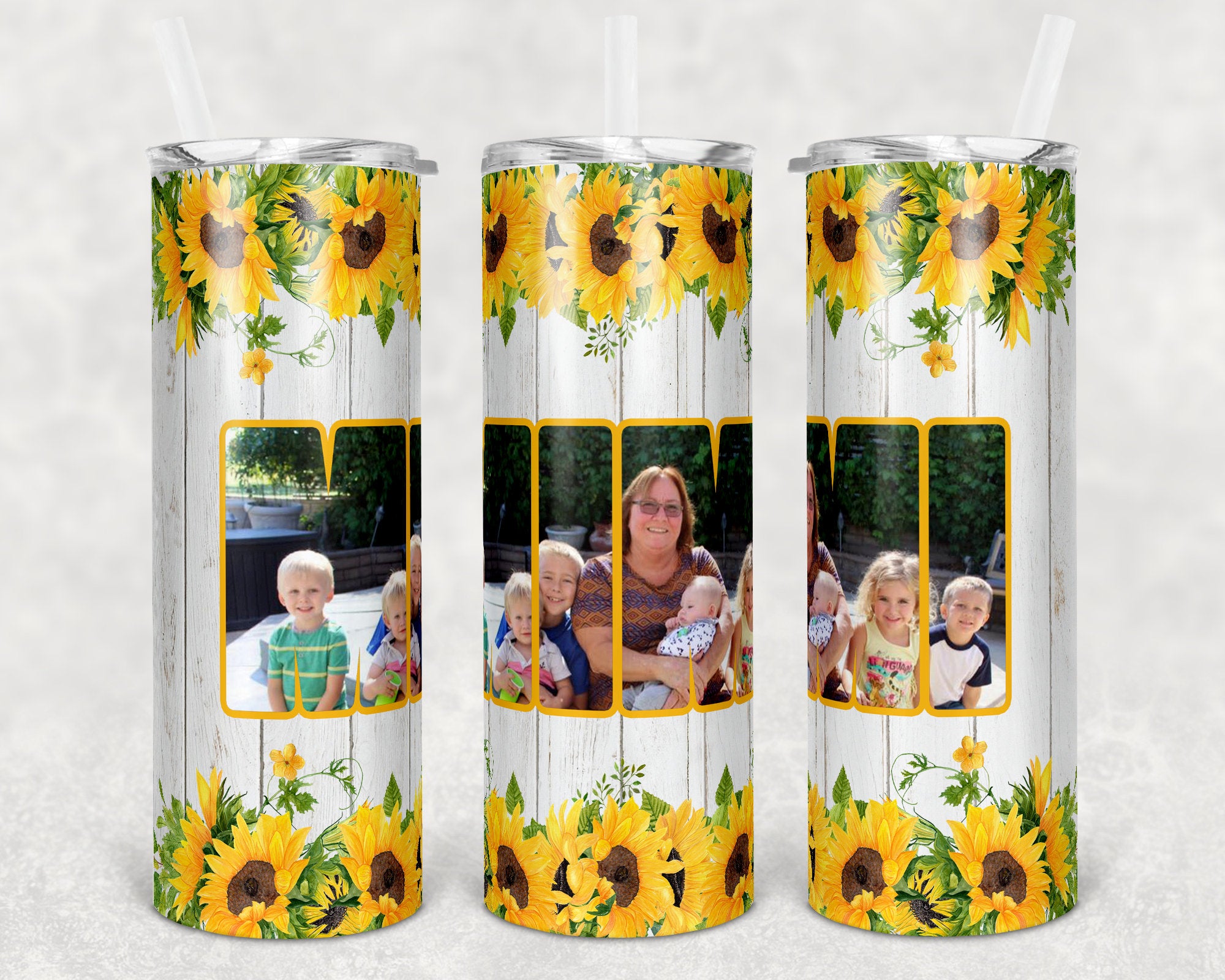 20 Oz Skinny Tumbler Picture Frame Rustic Wood Sunflower Mimi Photo Space Personalized Design Mothers Day
