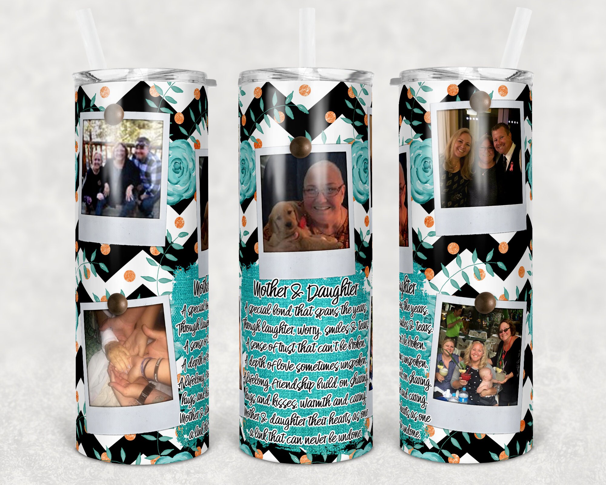 20 Oz Skinny Tumbler Picture Frame Seamless Mother Daughter Teal Tumblers