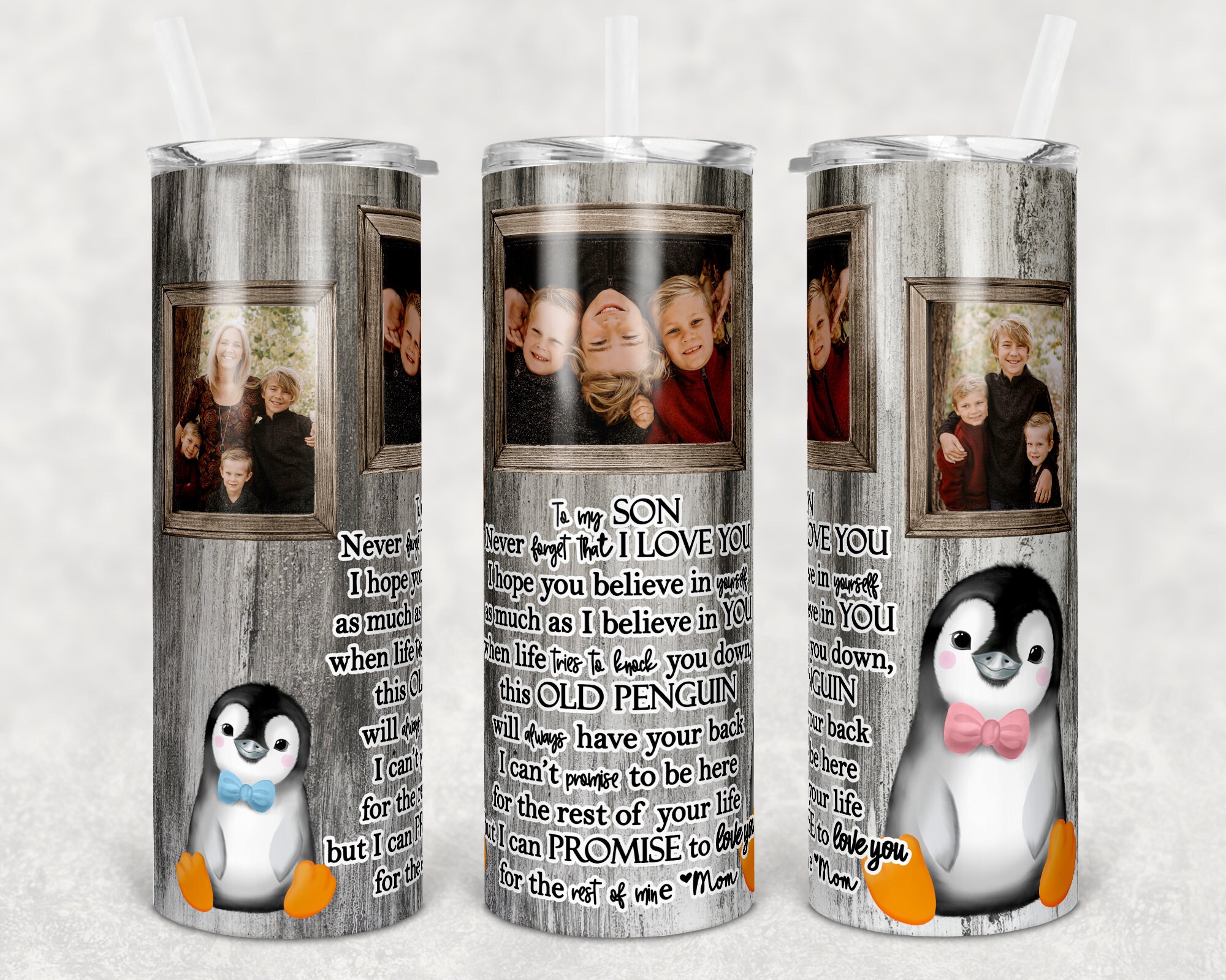 20 Oz Skinny Tumbler Picture Frame Seamless Mother Son Penguin Tumblers