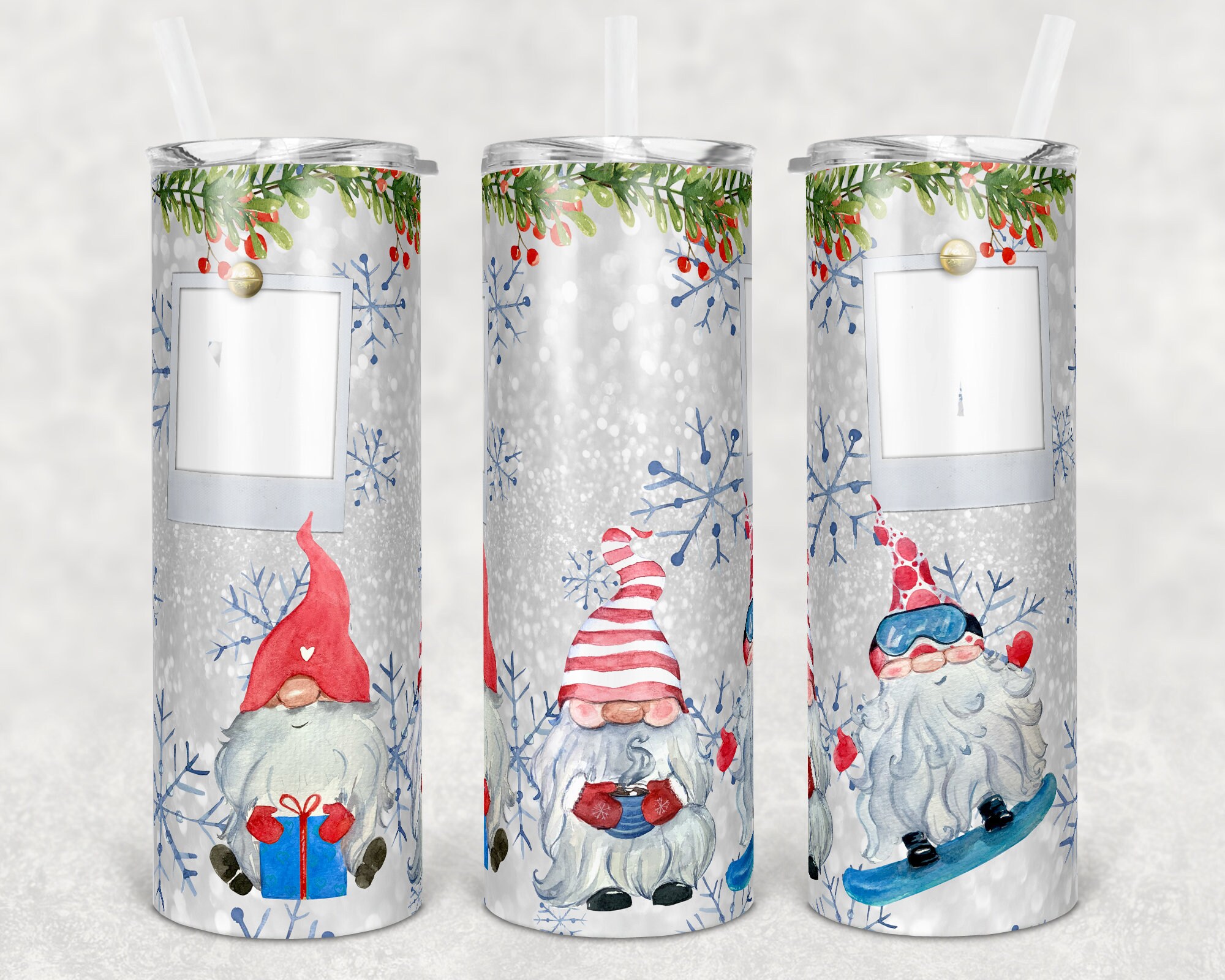 20 Oz Skinny Tumbler Personalized Winter Gnome 2 Picture Photo Christmas Design Straight Warped