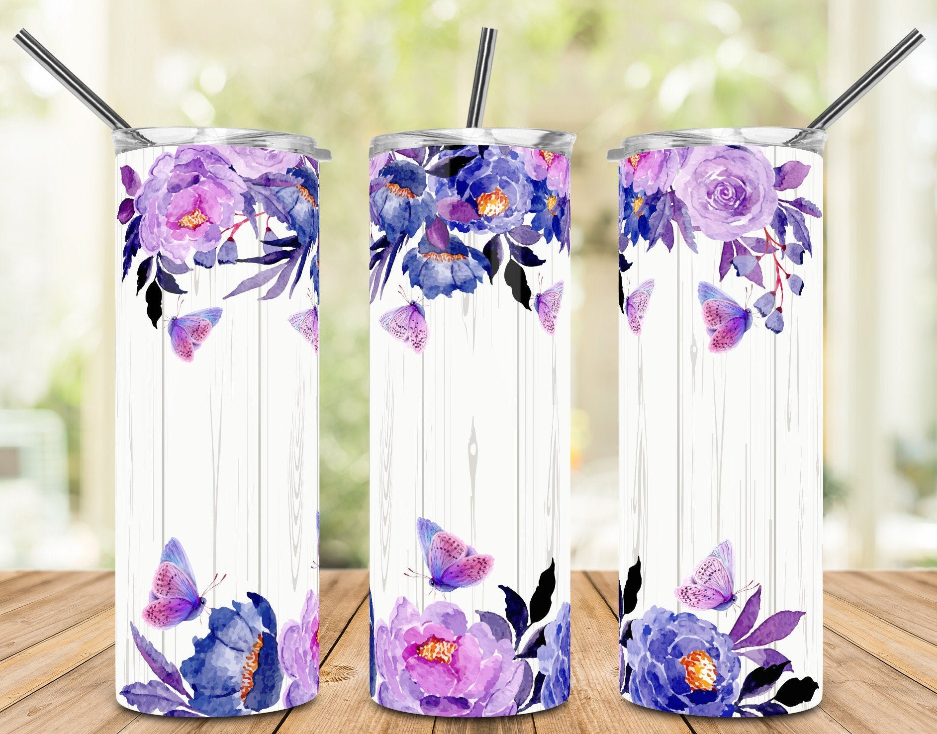 Flowers and butterflies purple tumbler sublimation design.