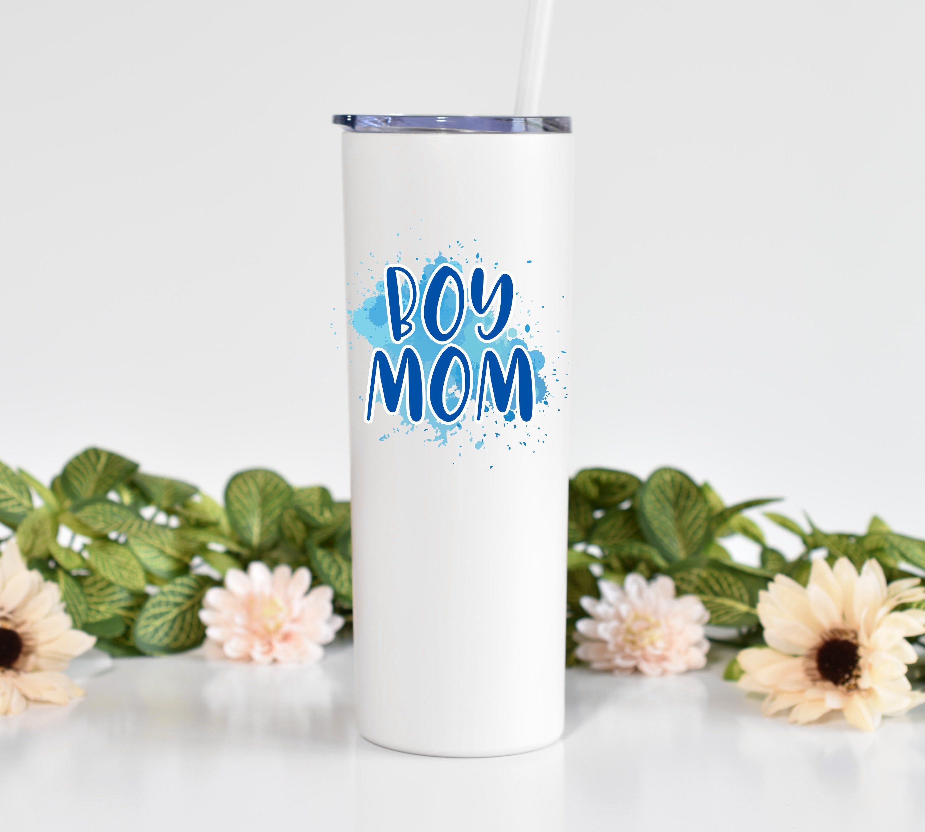 Boy Mom – White Skinny Tumbler 20oz With Straw Funny Tumbler Gift Christmas Gift Stocking Stuffer Mom Of Boys