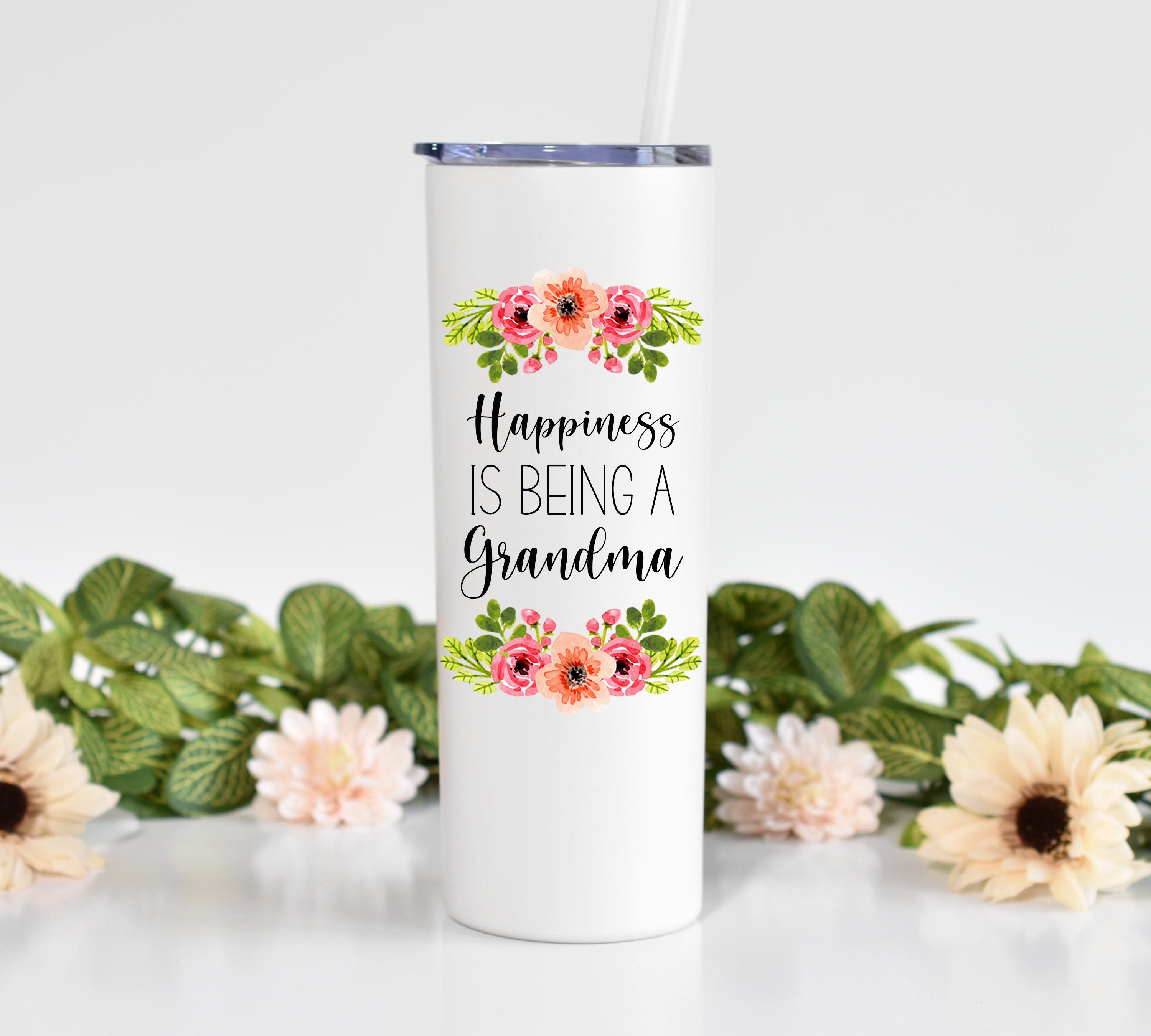 Happiness Is Being A Grandma – White Skinny Tumbler 20oz With Straw Christmas Gift Stocking Stuffer Gift For Grandma Mothers Day Gift