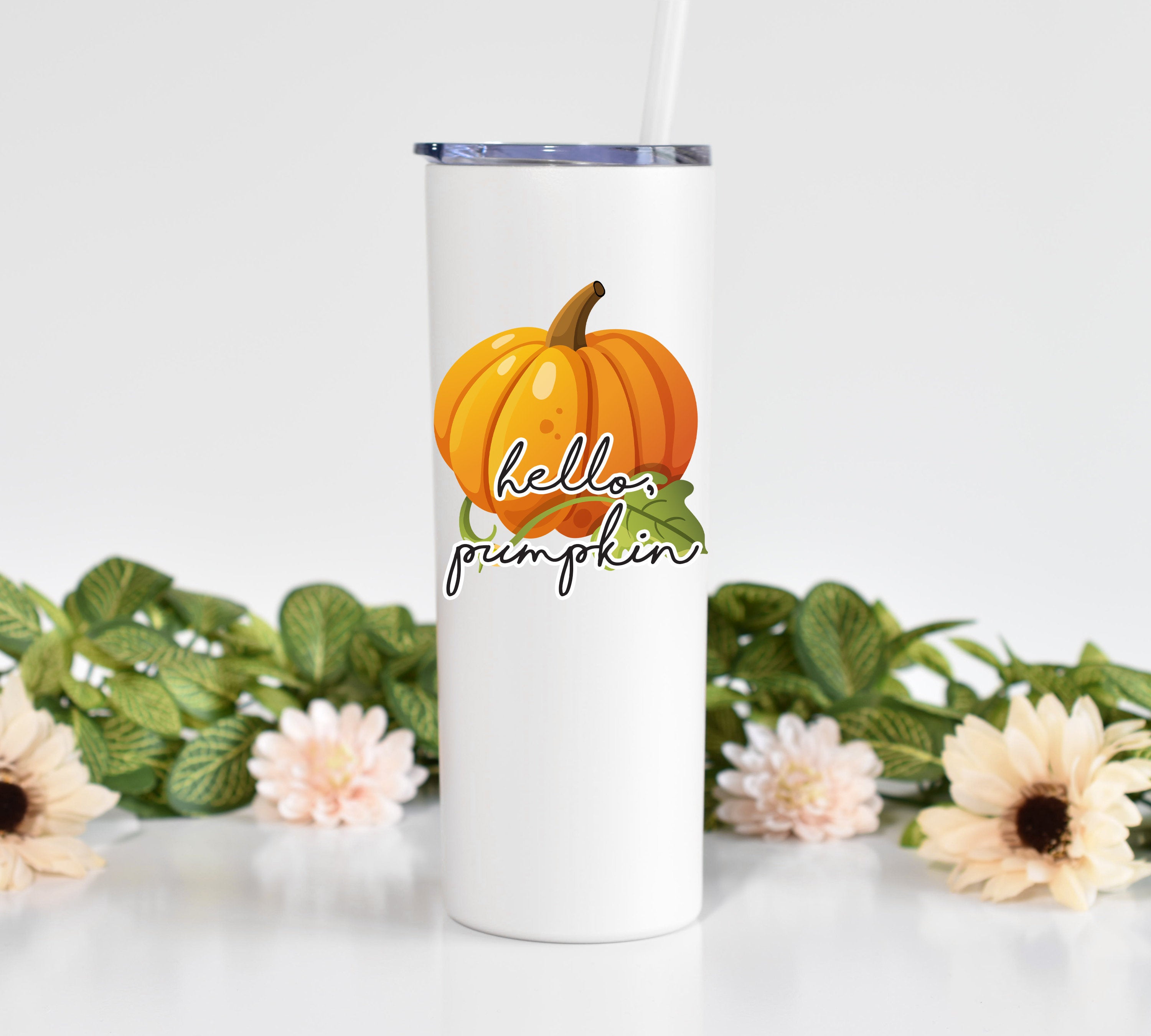 Hello Pumpkin – White Skinny Tumbler 20oz With Straw Funny Tumbler Gift Fall Cup Fall Tumbler Fall Coffee Mug