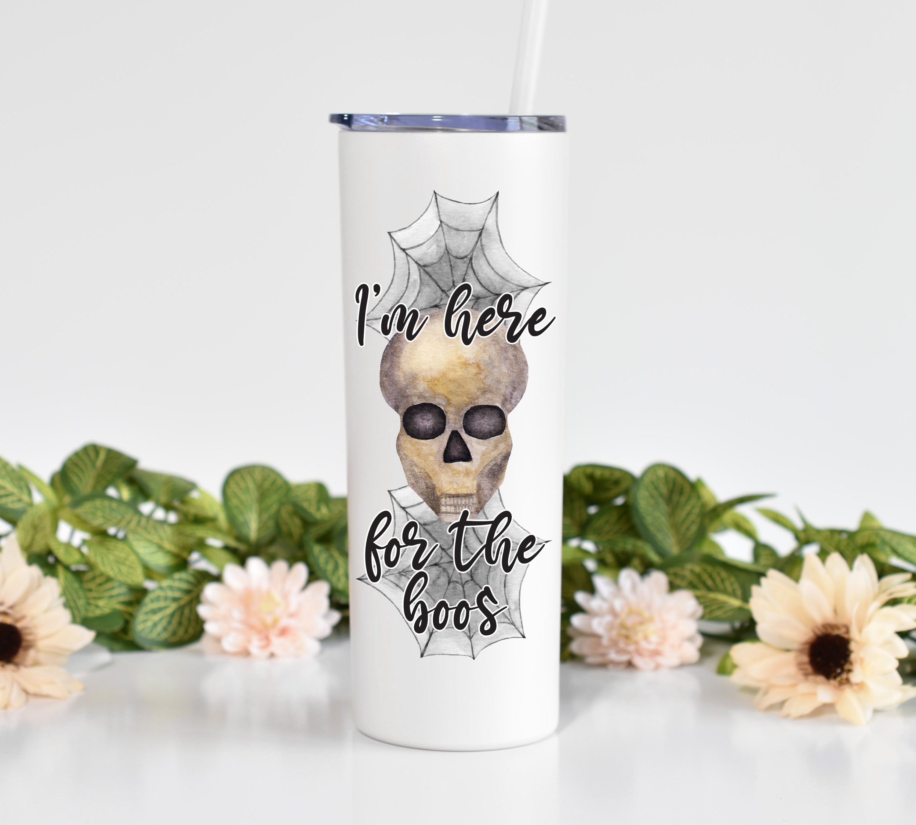 Im Here For The Boos – White Skinny Tumbler 20oz With Straw Gift Halloween Cup Fall Tumbler Fall Coffee Mug Skeleton Tumbler