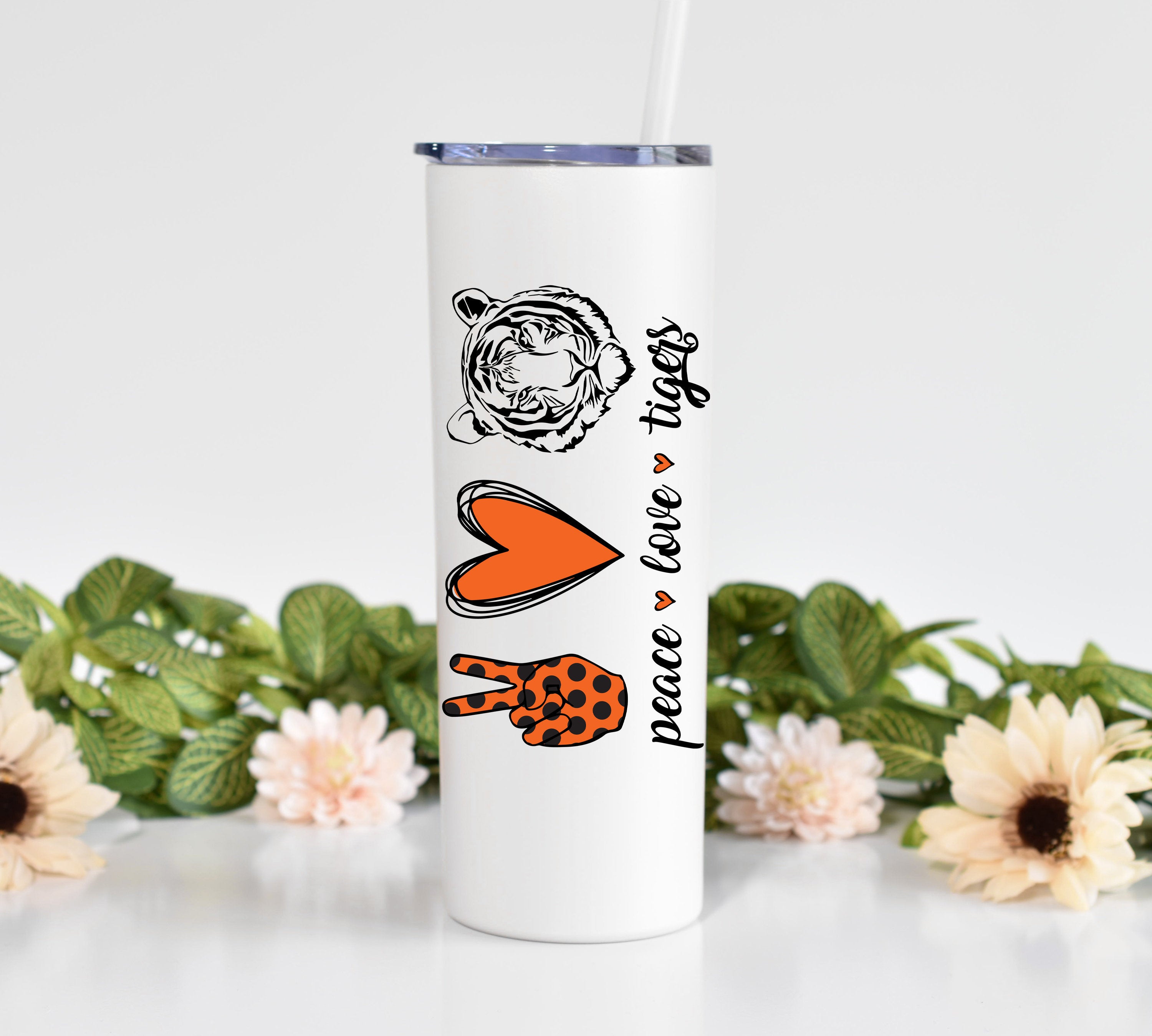 Peace Love Tigers – White Skinny Tumbler 20oz With Straw Tiger Mom Cup Christmas Gift Stocking Stuffer Tiger Mascot
