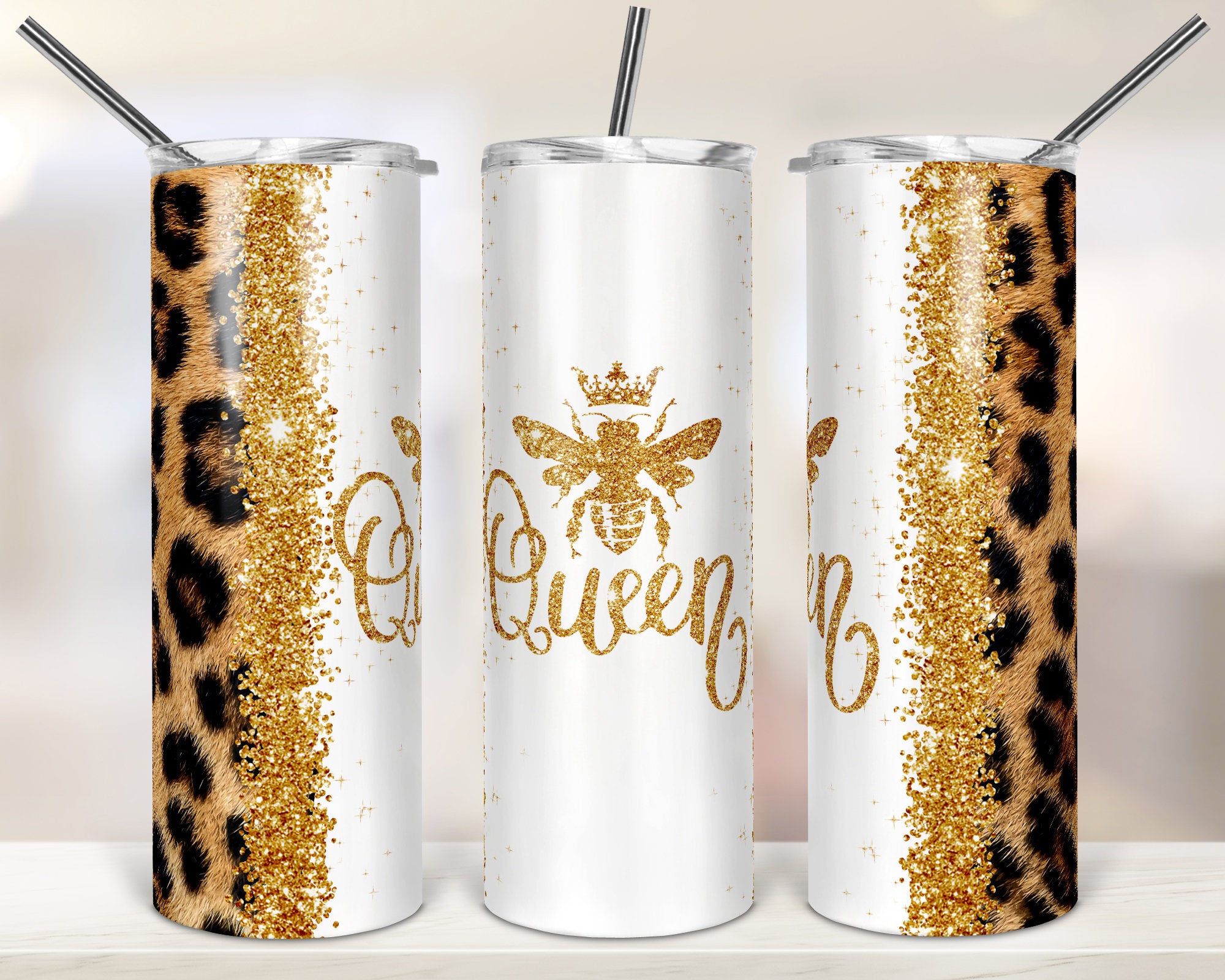 Queen Bee Glitter Leopard 20oz Skinny Tumbler Sublimation Designs Tumbler for Straight/Tapered PNG File Digital Download