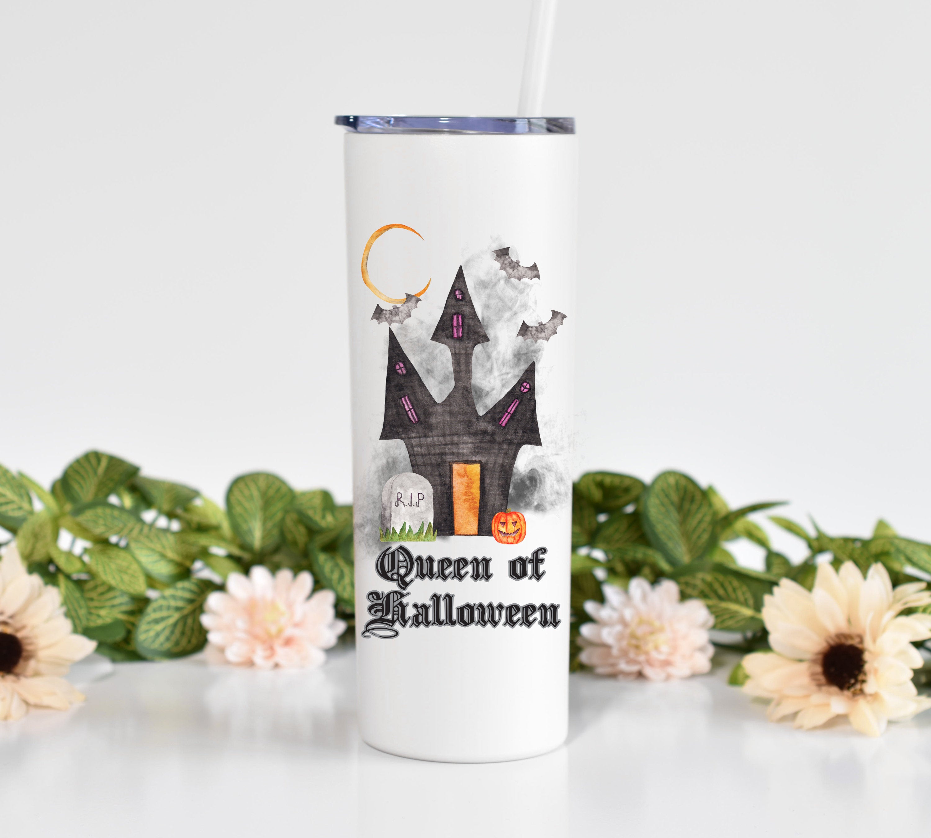 Queen Of Halloween – White Skinny Tumbler 20oz With Straw Gift Halloween Cup Fall Tumbler Fall Coffee Mug Haunted House Tumbler