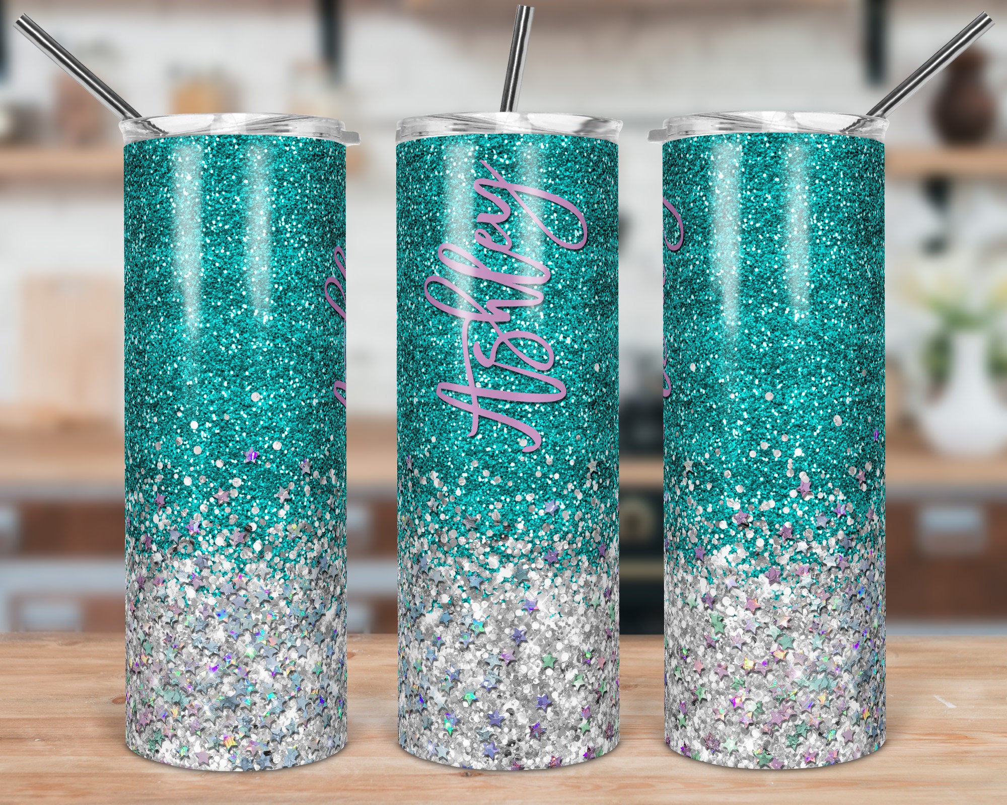 Teal And Silver Glitter Skinny Tumbler Design