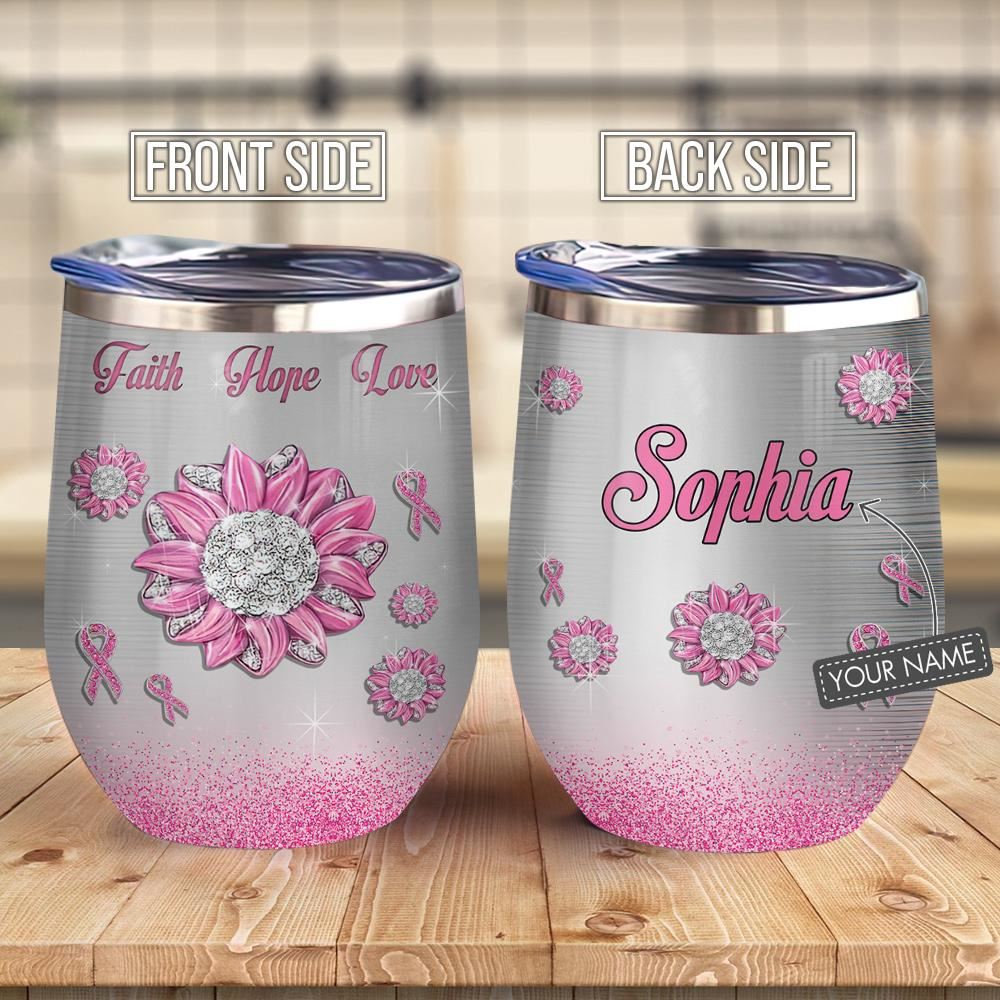 Jewelry Daisy Faith Hope Love Breast Cancer Personalized – Wine Tumbler