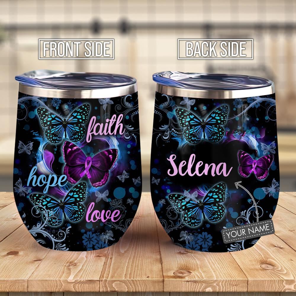 Faith Hope Love Fibromyalgia Awareness Purple Ribbon Butterfly Wine Tumbler Personalized – Wine Tumbler