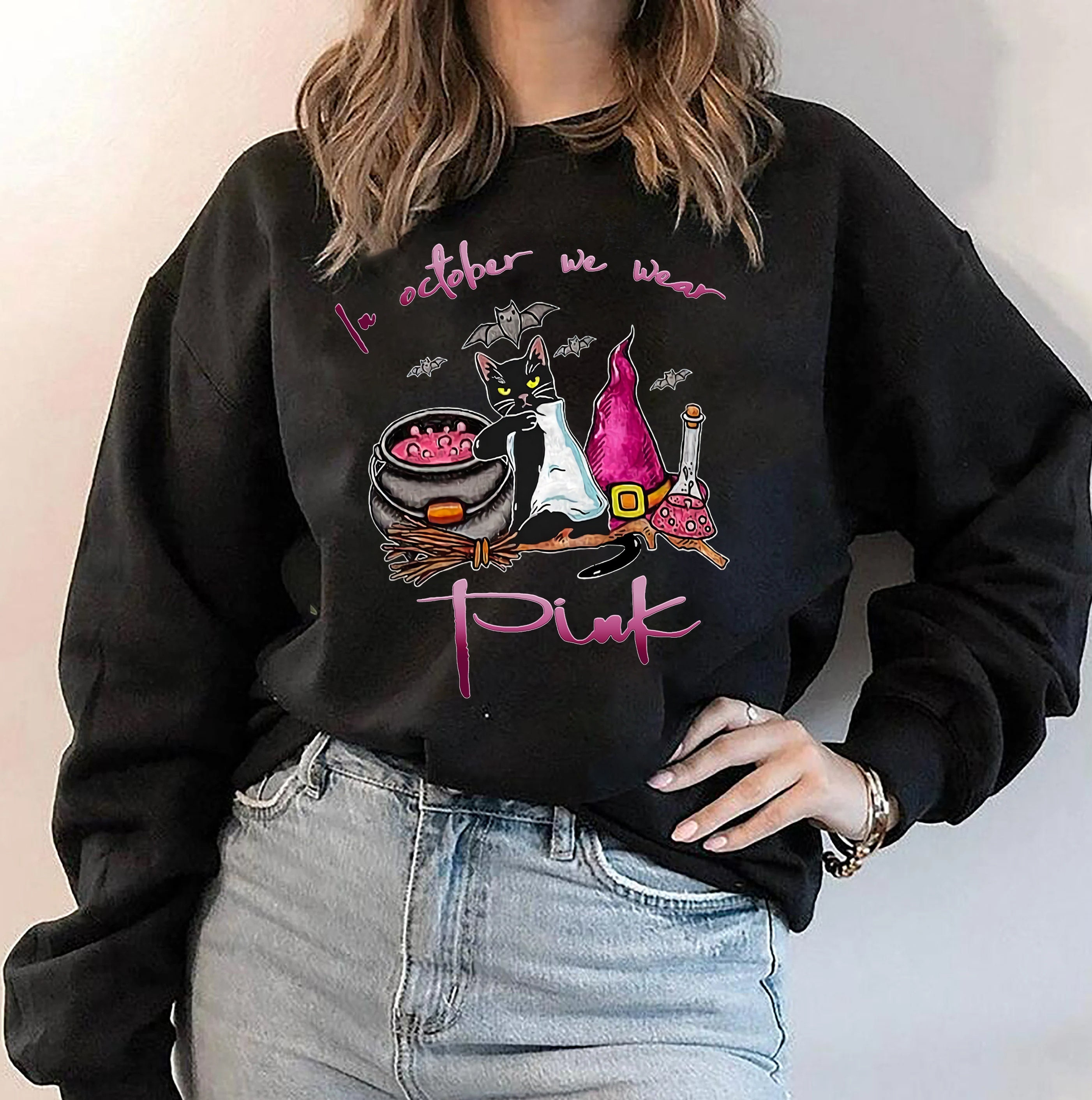 In October We Were Pink Breast Cancer Sweatshirt Cat Witch