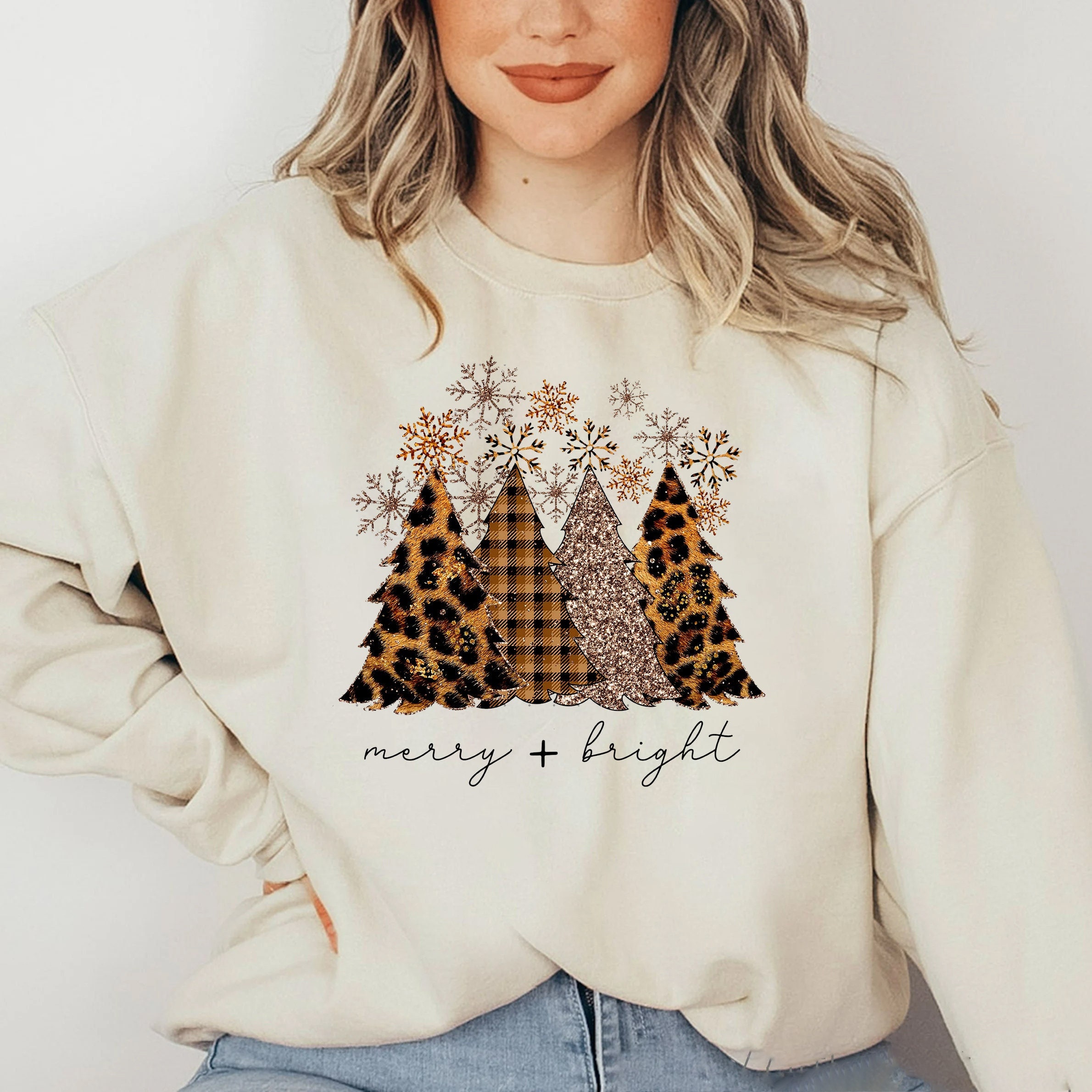 Merry And Bright Christmas Sweatshirt Leopard Christmas Tree