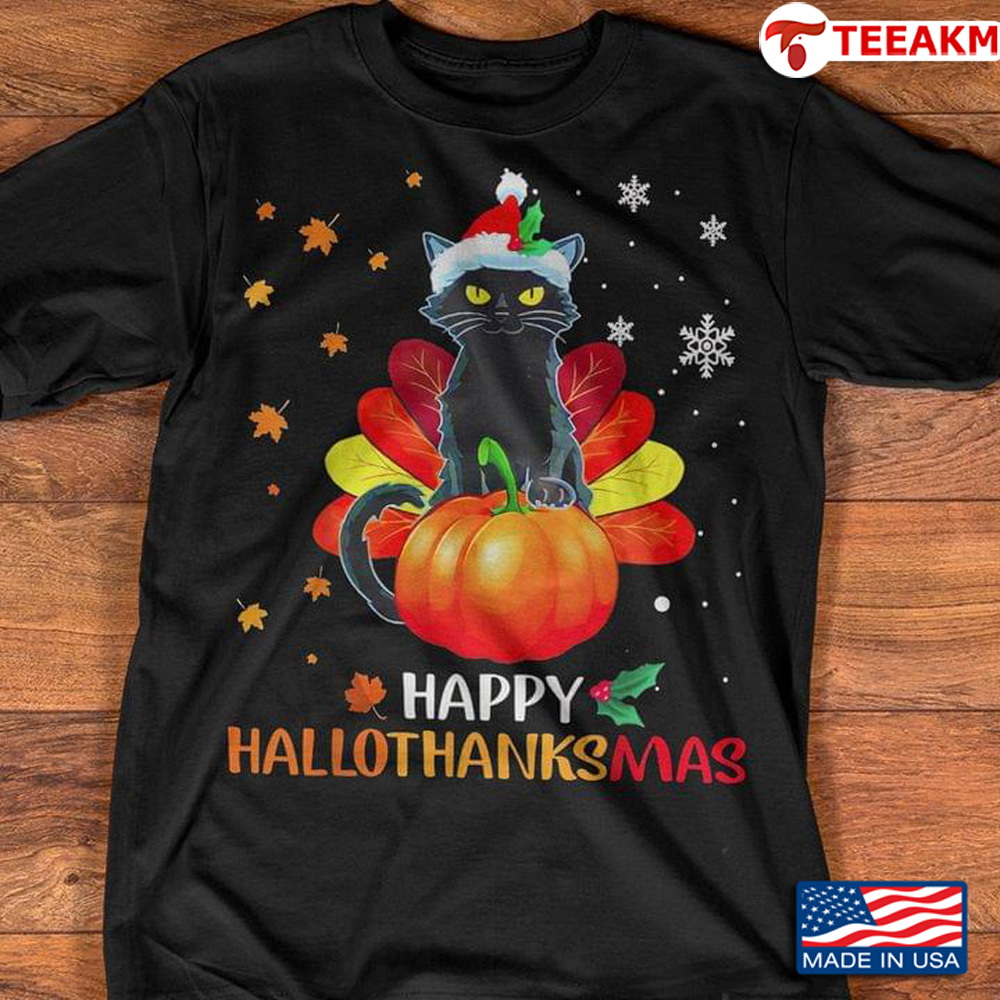 Black Cat Happy Hallothanksmas Halloween Thanksgiving Christmas Unisex T-shirt