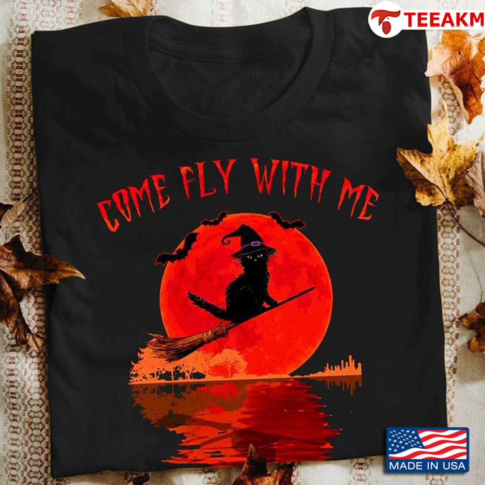 Cat Riding Broom Come Fly With Me Guitar Lake Shadow Halloween Unisex Tee