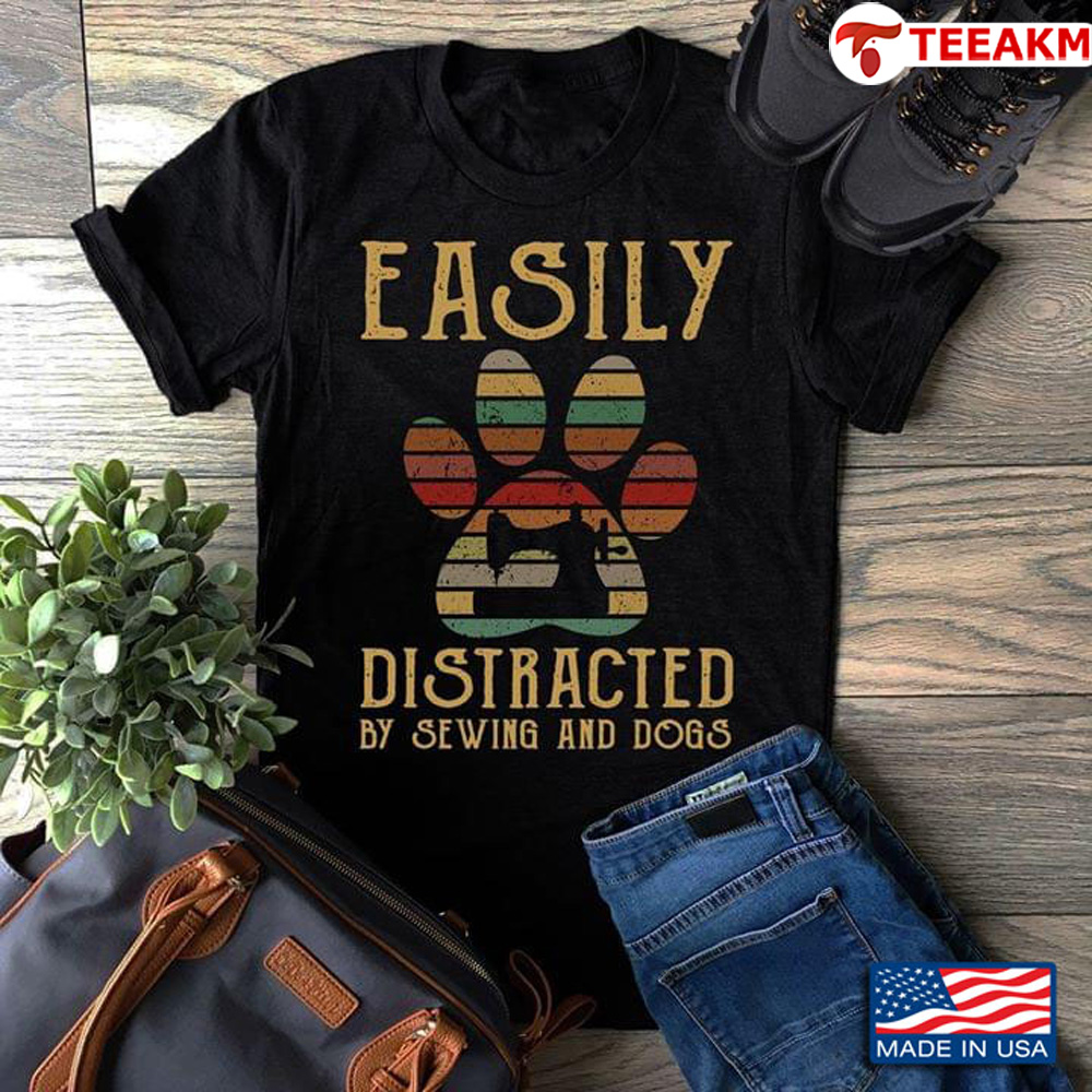 Easily Distracted By Sewing And Dogs Vintage Unisex Tee